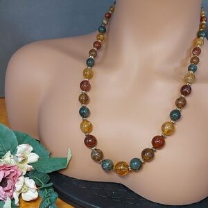Chunky Earth Tones Bead Necklace Acrylic Green Rust Brown Boho 24"